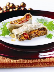 Chestnut, Roasted Red Pepper and Red Leicester Strudel 